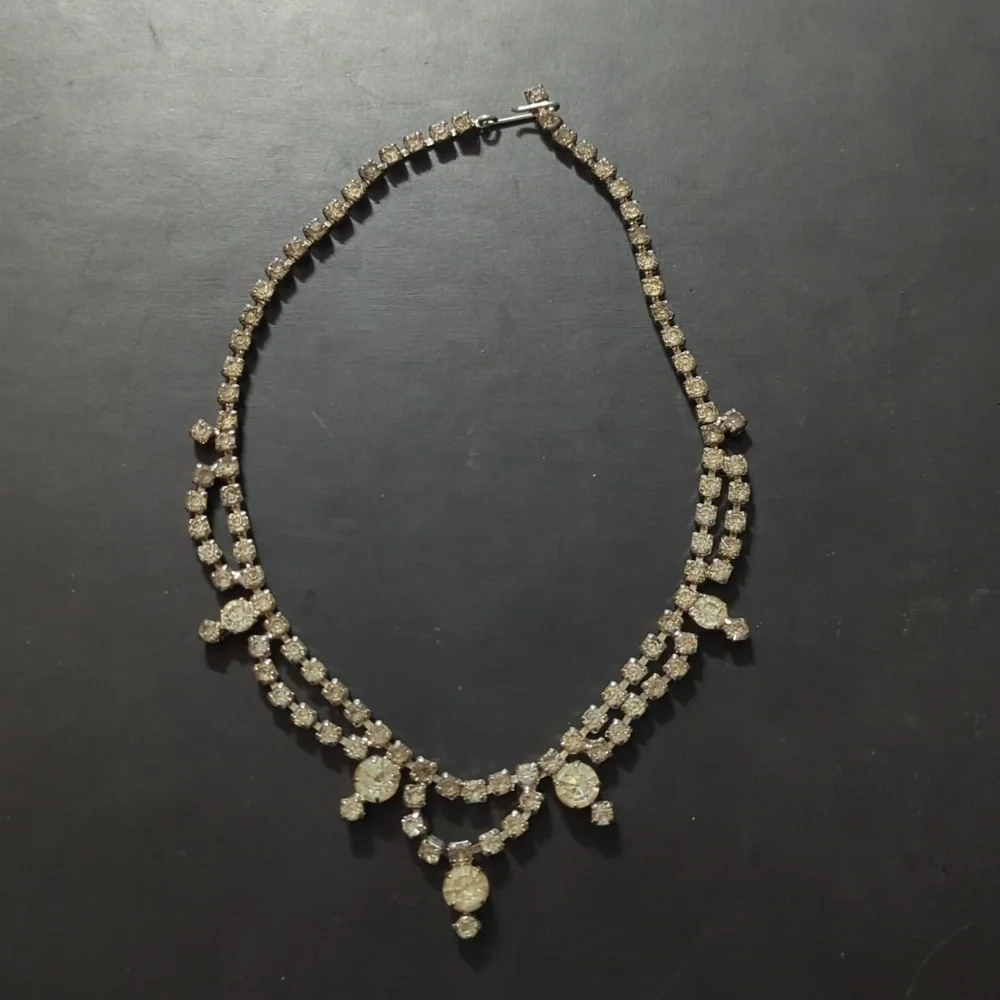 Vintage Silver Tone Clear Rhinestone Choker Statement Necklace